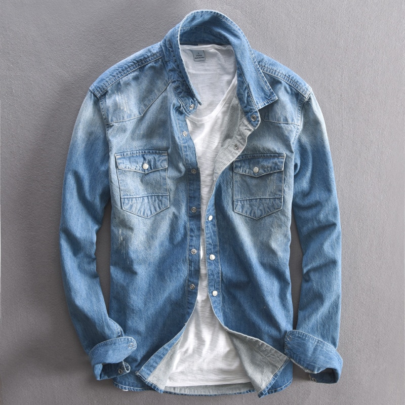 Men's Long-Sleeved Solid Denim Shirt - Image 6