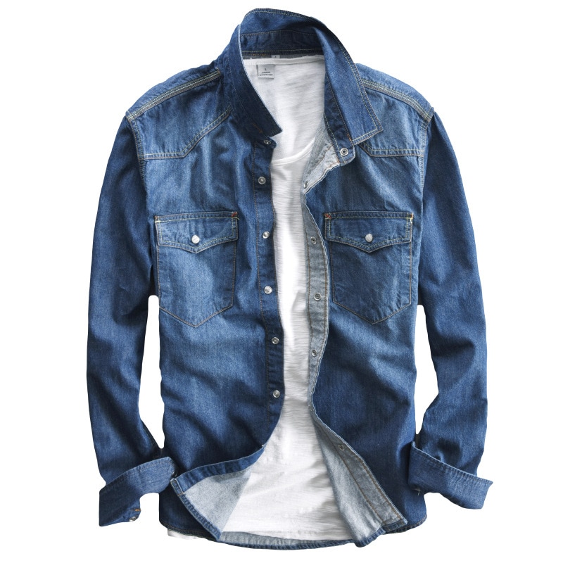 Men's Long-Sleeved Solid Denim Shirt