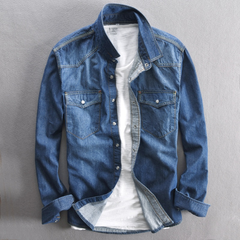 Men's Long-Sleeved Solid Denim Shirt - Image 5