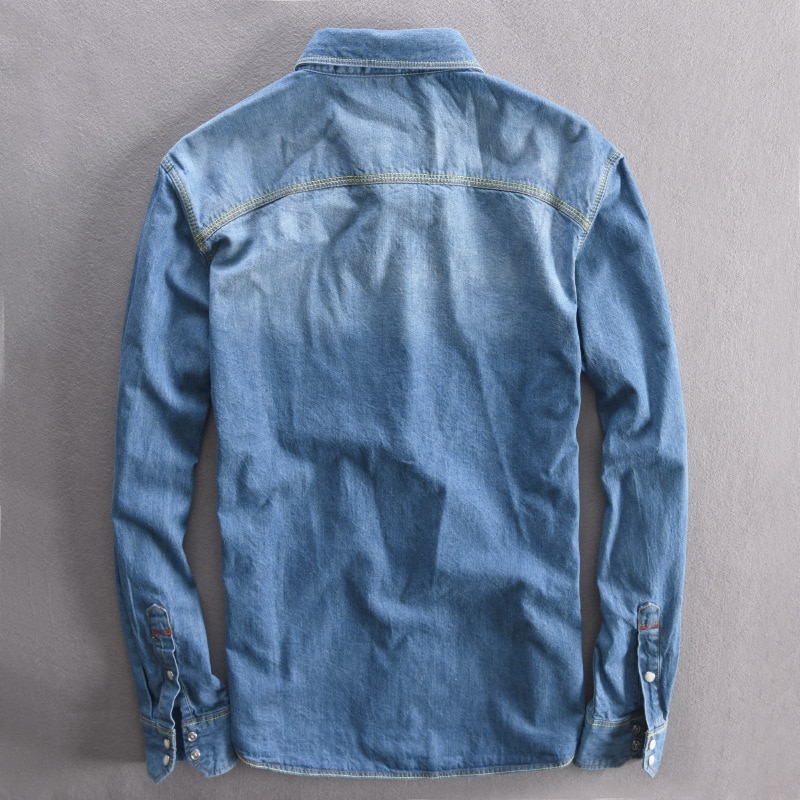 Men's Long-Sleeved Solid Denim Shirt - Image 4