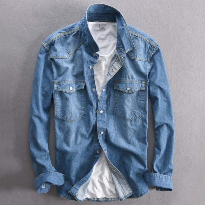 Men's Long-Sleeved Solid Denim Shirt - Image 3