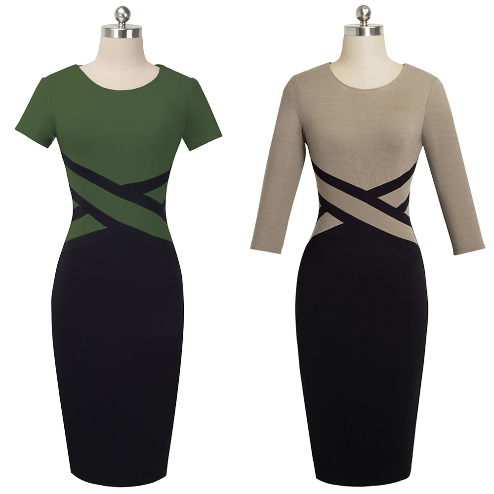 Women's Contrast Color Office Bodycon Dress - Image 6