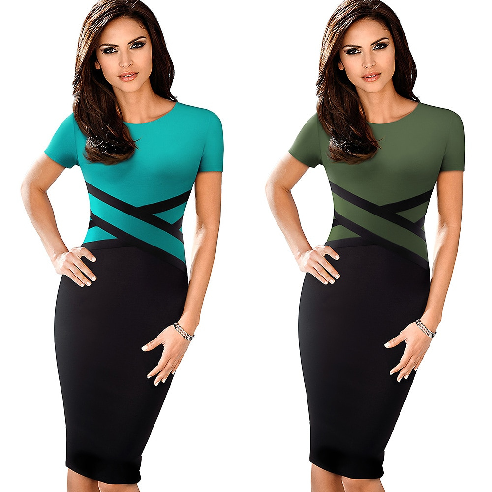 Women's Contrast Color Office Bodycon Dress - Image 4