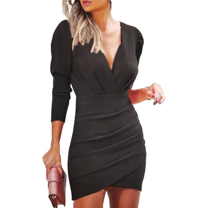 Women's Slim Mini Dress with V-Neck and Long Sleeves - Image 4